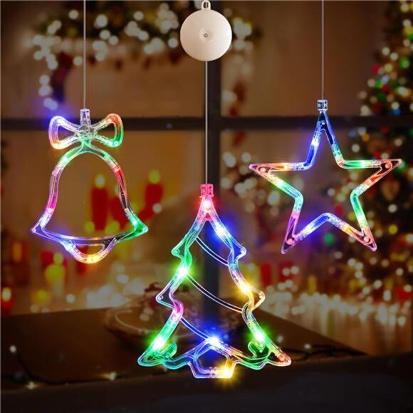 3Pcs Christmas Window Lights - Battery Powered LED Tree, Bell & Star Shaped - Picture 1 of 7